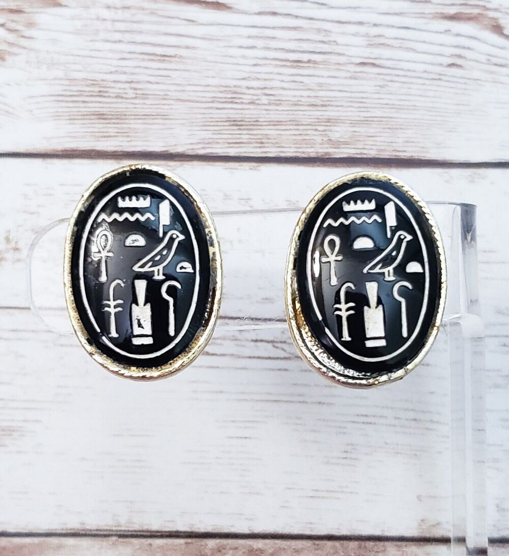 Vintage Clip On Earrings Hieroglyphic Design Oval